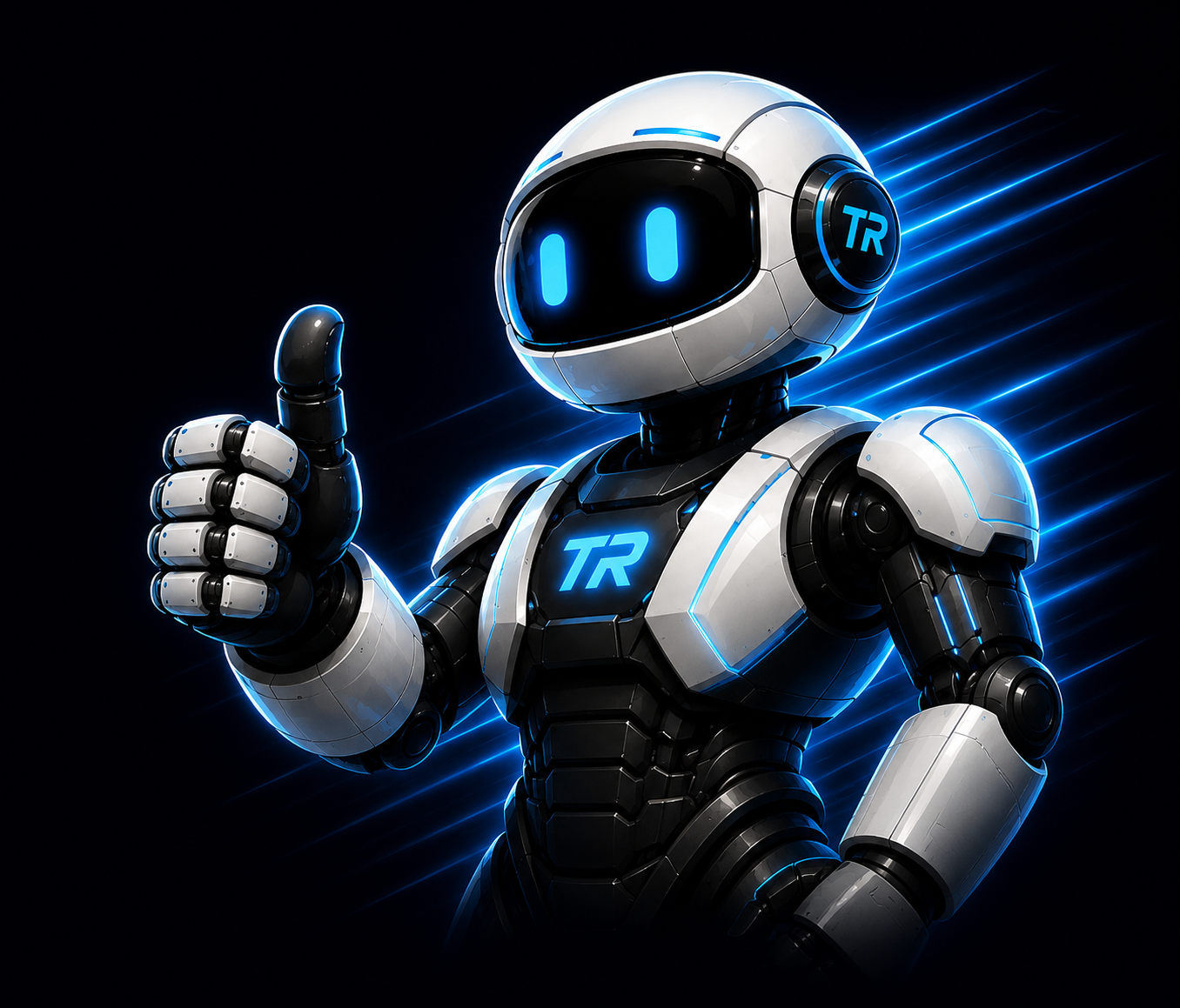 Techrunner robot giving a thumbs up with blue speed streaks